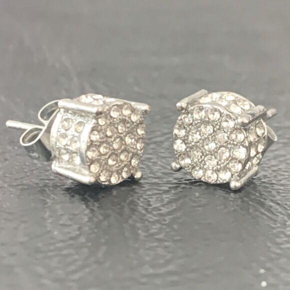 Men’s White Gold 14k Plate Iced Out Round Hip Hop Crystal CZ Earrings Silver NEW - Picture 4 of 10